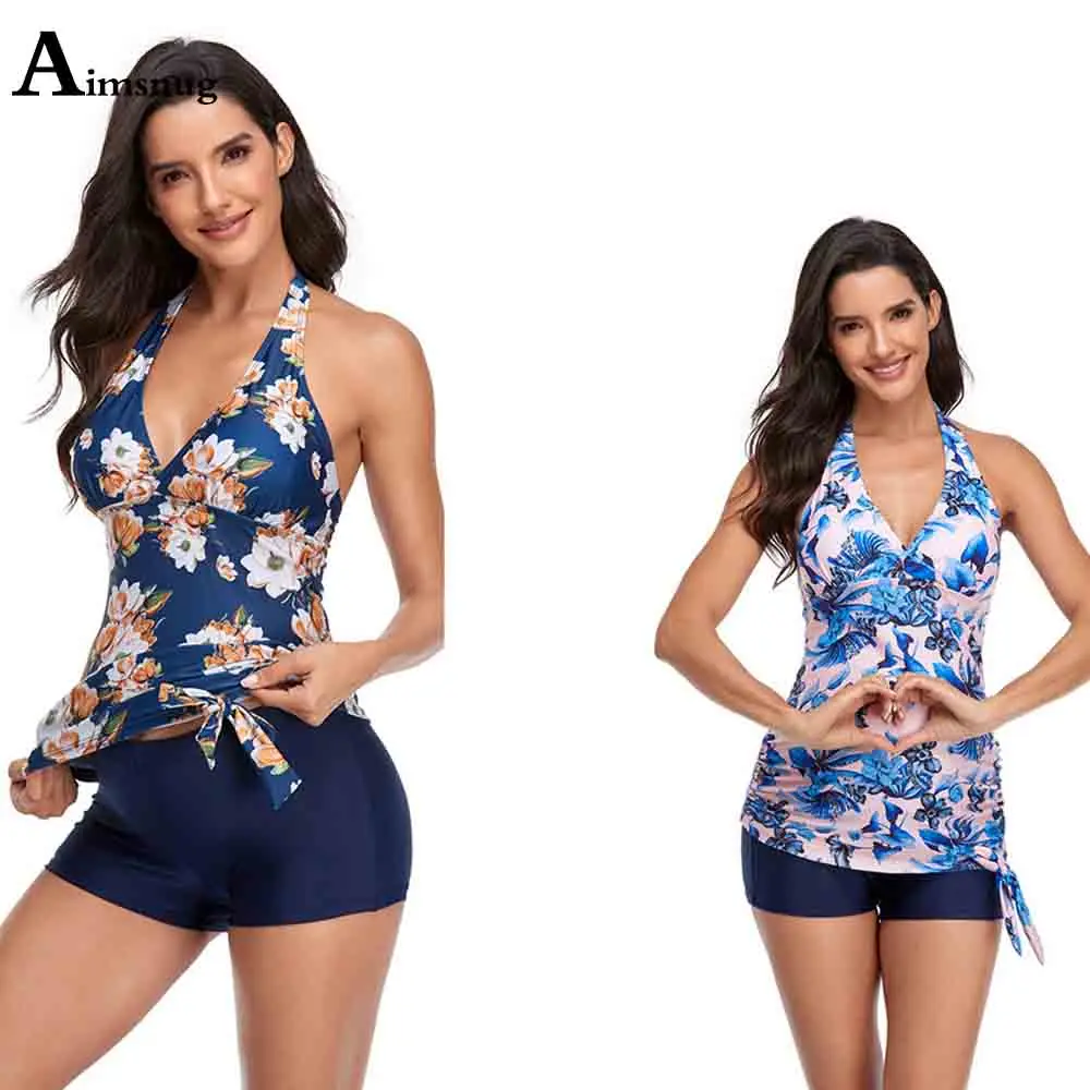 

Women Halter Tankini Sets 2021 European Style Flower Print Swimsuits Pregnancy Two Pieces Swimwear Monokini Sexy Femme Clothing