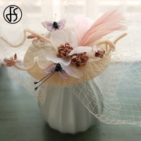 fs pink veil flower wedding hats for women sinamay church fascinator hats 2021 pillbox hat cocktail party kentucky derby hat