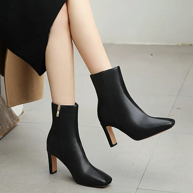 

Spring Autumn New Black Beige Short Boots Ladies Stitching Square Toe Martin Boots Ladies Square Heel Zipper Women's Shoes