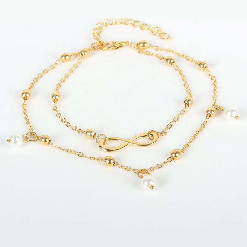 

QW hot selling pearl 8-word chain jewelry women's Handmade double chain foot jewelry beach foot jewelry wholesale