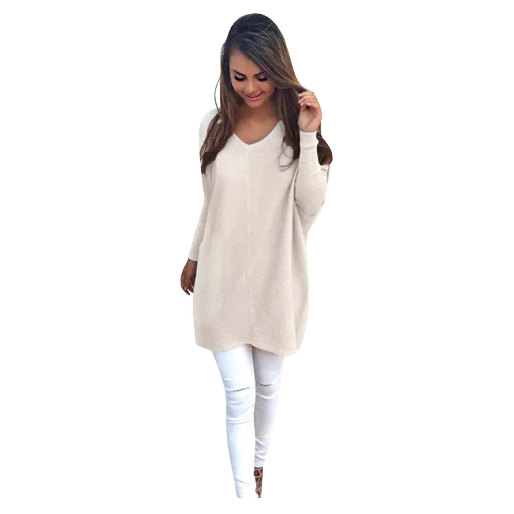 Womens Sweaters 2019 Autumn Winter Long Sleeve Jumper for Women Solid Khaki Coat Female V-neck Loose Sweater S-XL | Женская одежда