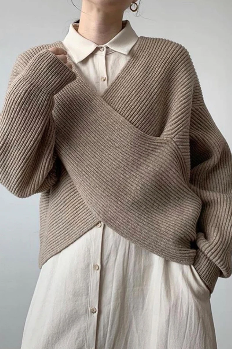 

Korean autumn, simple and thin, large V-neck crossover design, loose and casual all-match sweater sweater women