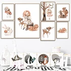 Мультфильм милая девочка кролик олень лиса гриб настенная живопись холст скандинавские плакаты и принты настенные картины Детская комната Декор