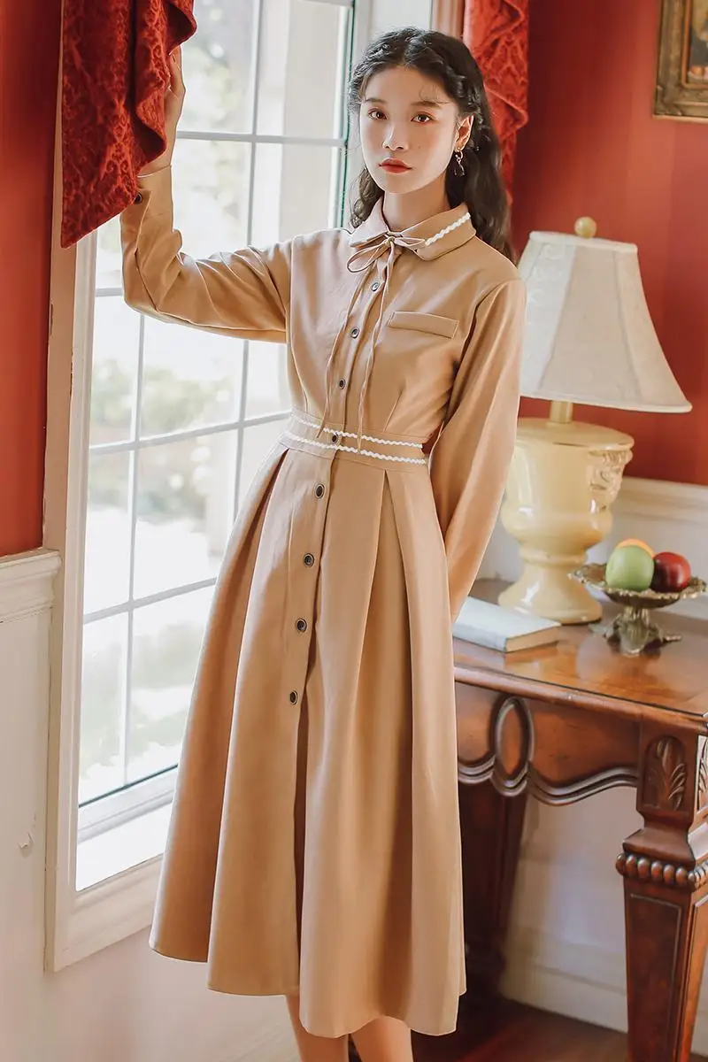 

COIGARSAM French Style Full Sleeve Women dress Vintage Dresses Khaki Red Black K1233