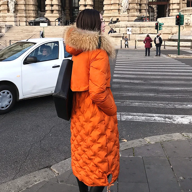 Настоящий енот собака меховой воротник мода зима белый утиный пух пальто Верхняя