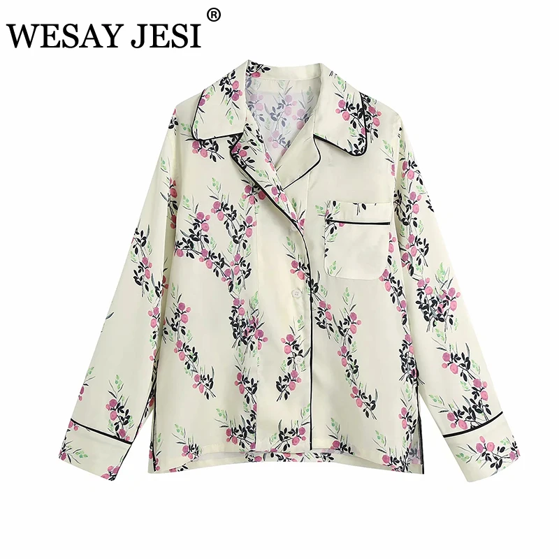 

WESAY JESI Women Fashion Top TRAF ZA Pocket Floral Print Loose Retro Long Sleeve Single Breasted Lapel Shirt Commuter Chic Top