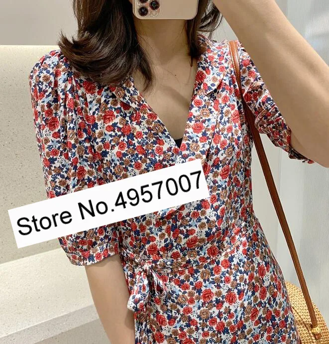 Женское платье миди с цветочным принтом отложным воротником коротким рукавом и