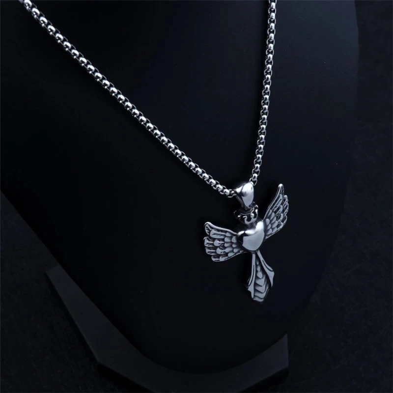 

Hot Fashion Love Heart Angel Wing Titanium Steel Silver Plated Jesus Cross Pendant Necklace Jewelry