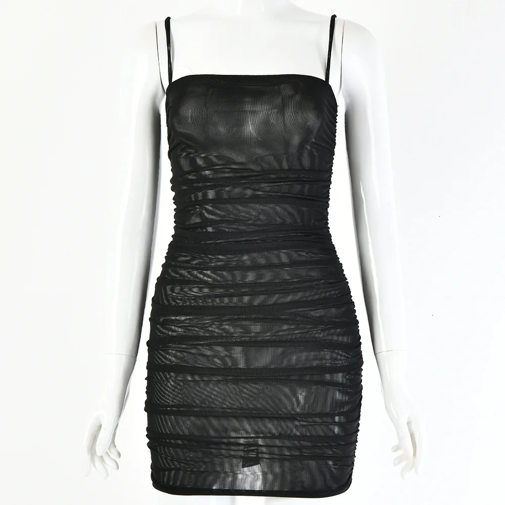 

Double Layers Mesh Dress Summer 2019 Women Spaghetti Straps Ruched Bodycon Dress Woman Party Night Club Dress Sexy Robe