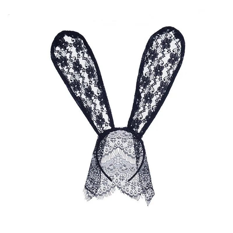 

New Lace Big Bunny ears black headband mask PROM party Halloween headwear women hairband rubbit ear hairband