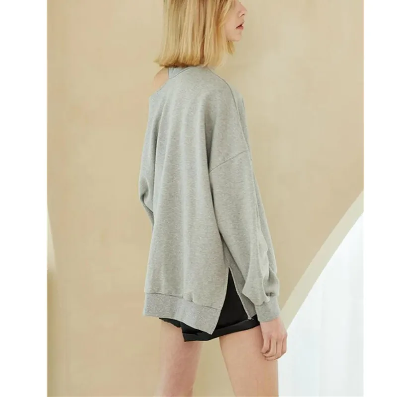 

OLOMLB 2021 Spring Autumn New Fashion Casual Sexy Skew Collar Lady Split Tops T Shirt Long Sleeve Belt Patchwork Women Clothing