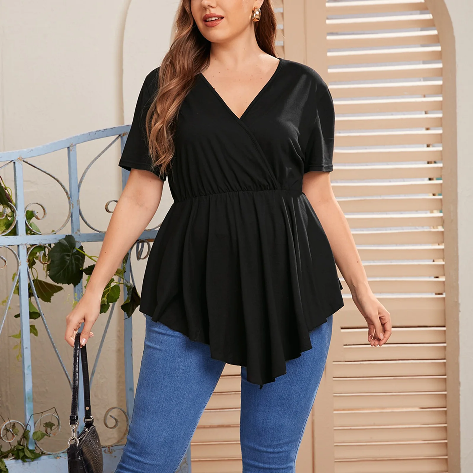 Plus Size Women's Tunic 2021 Summer Clothing Basic Casual Solid V-Neck Pleated Short Sleeve Blouses Femme Black Tops XL-5XL