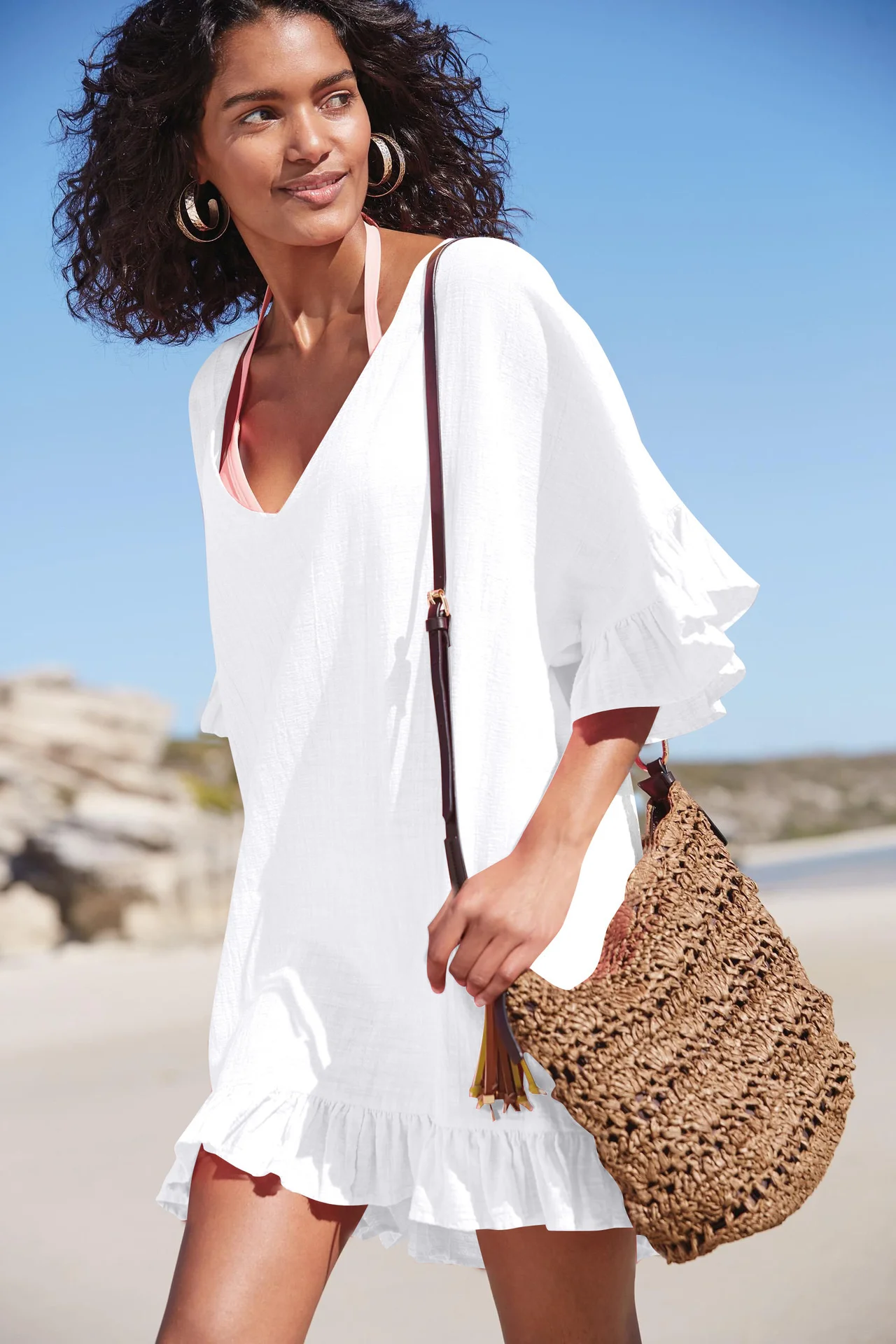 

New Slubby Cotton V-neck Bikini With Beach Blouse For Holiday Swimsuit For Women