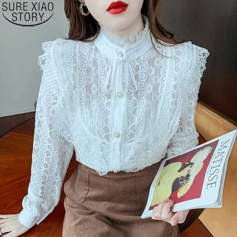 

French Stand Collar Pleated Clothes Elegant Bow Tie Lace Blouse Vintage Long Sleeve Women Blouses White Blouses Women Tops 17029