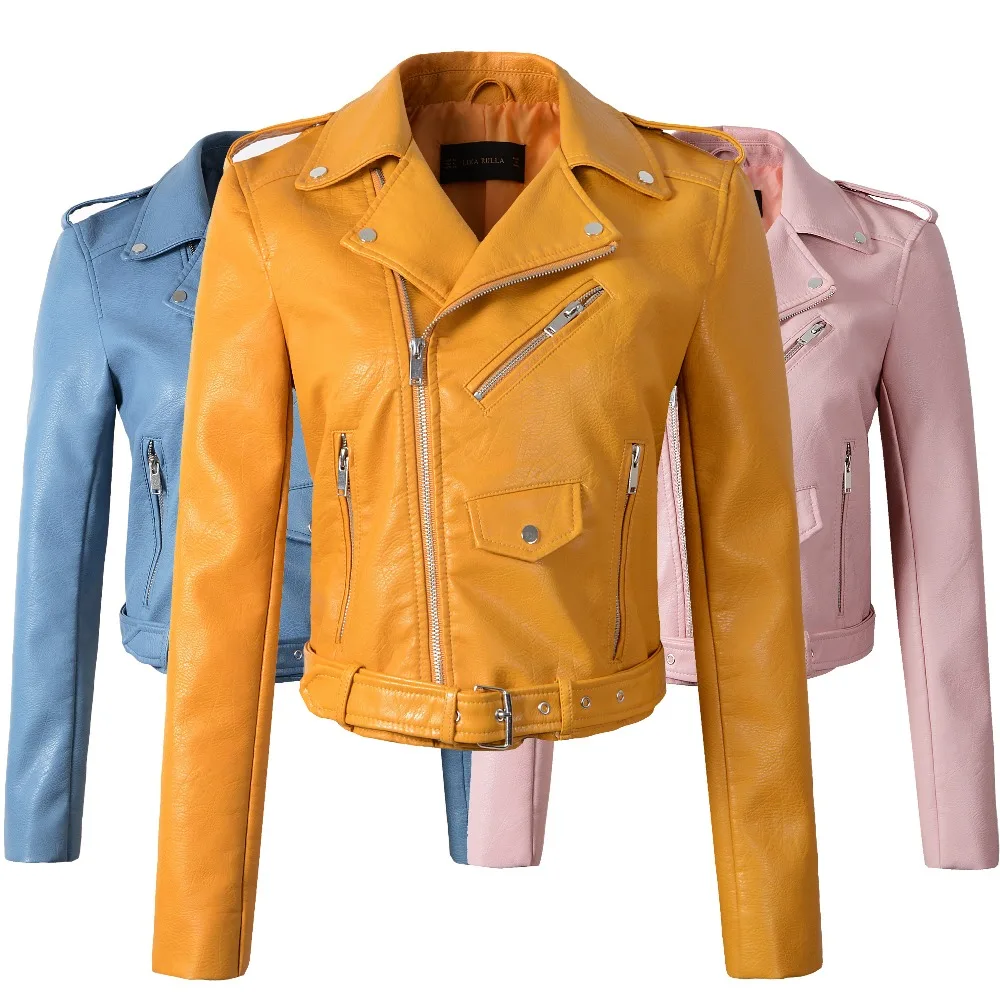 

2021 brand Winter Autumn Motorcycle leather jackets yellow leather jacket women leather coat slim PU jacket Leather