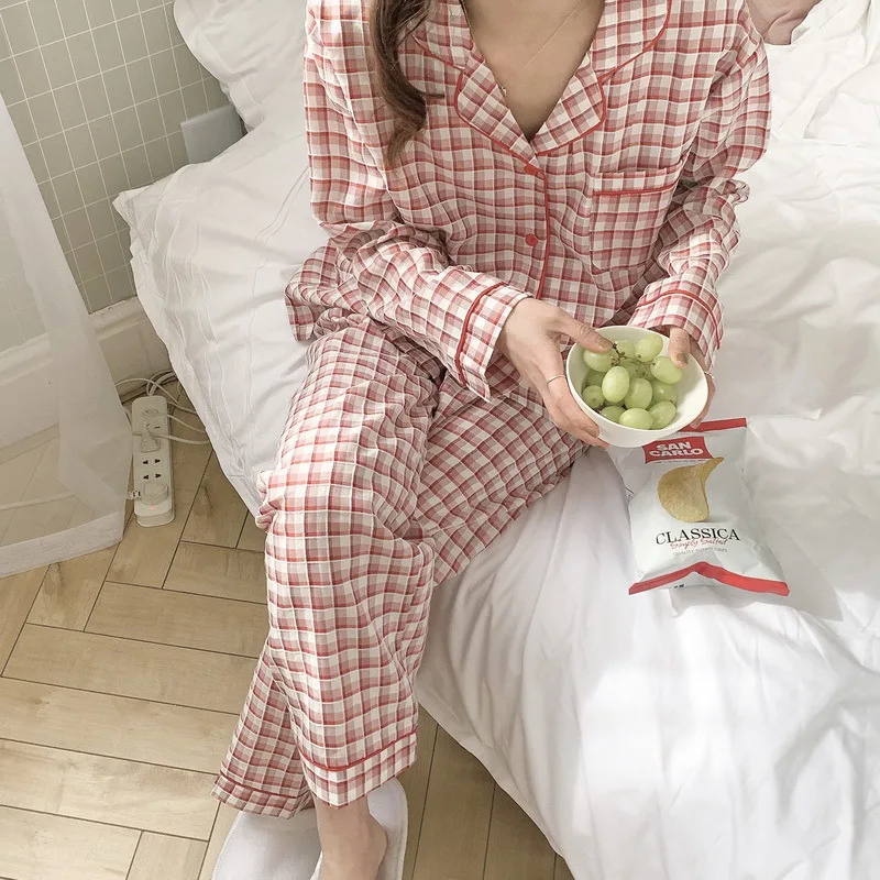

Harajpee Japanese Casual Pajamas Plaid Cardigan Pajama Suit Summer Long Sleeved Trousers Two-piece Home Clothes Korean Fashion