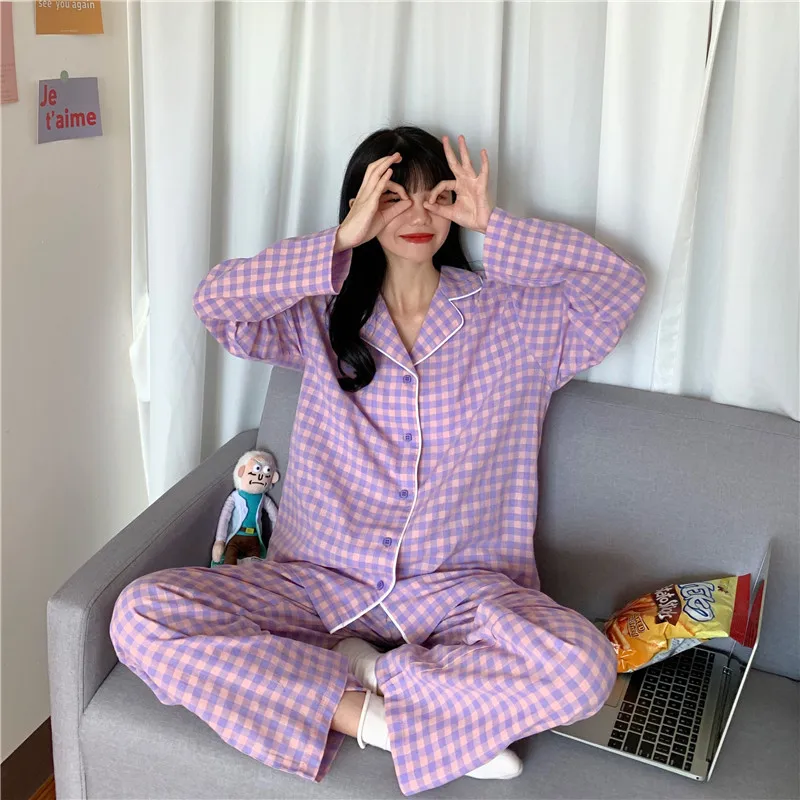 

Korean Purple Grid Girls Pajamas Set Cute Winter Long Sleeve Leisure Sleepwear For Women Loose Nightwear Homewear Suit
