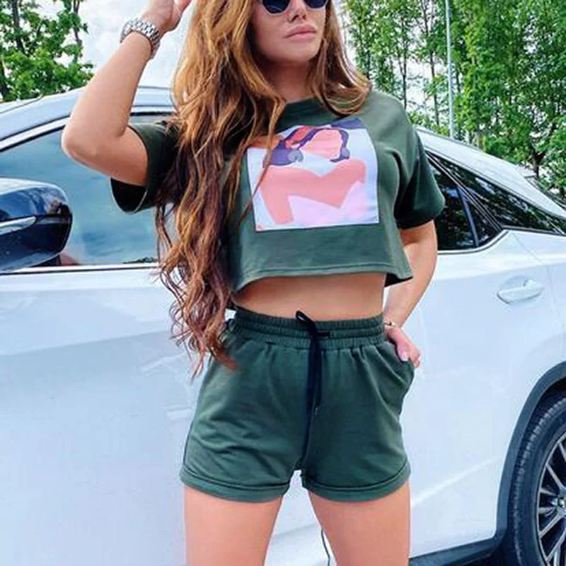 

Women's 2021 Summer Two-piece Ladies Casual Suit Printed Round Neck Short Sleeve High Quality Cartoon Short Sleeve T-Shirt Set