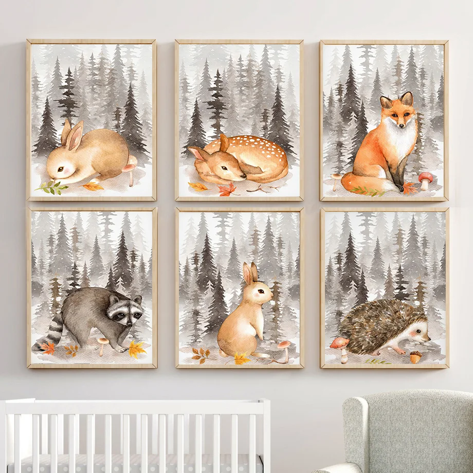 

Cartoon Animal Squirrel Bear Deer Raccoon Watercolor Nursery Nordic Wall Art Canvas Painting Posters And Prints Kids Room Decor