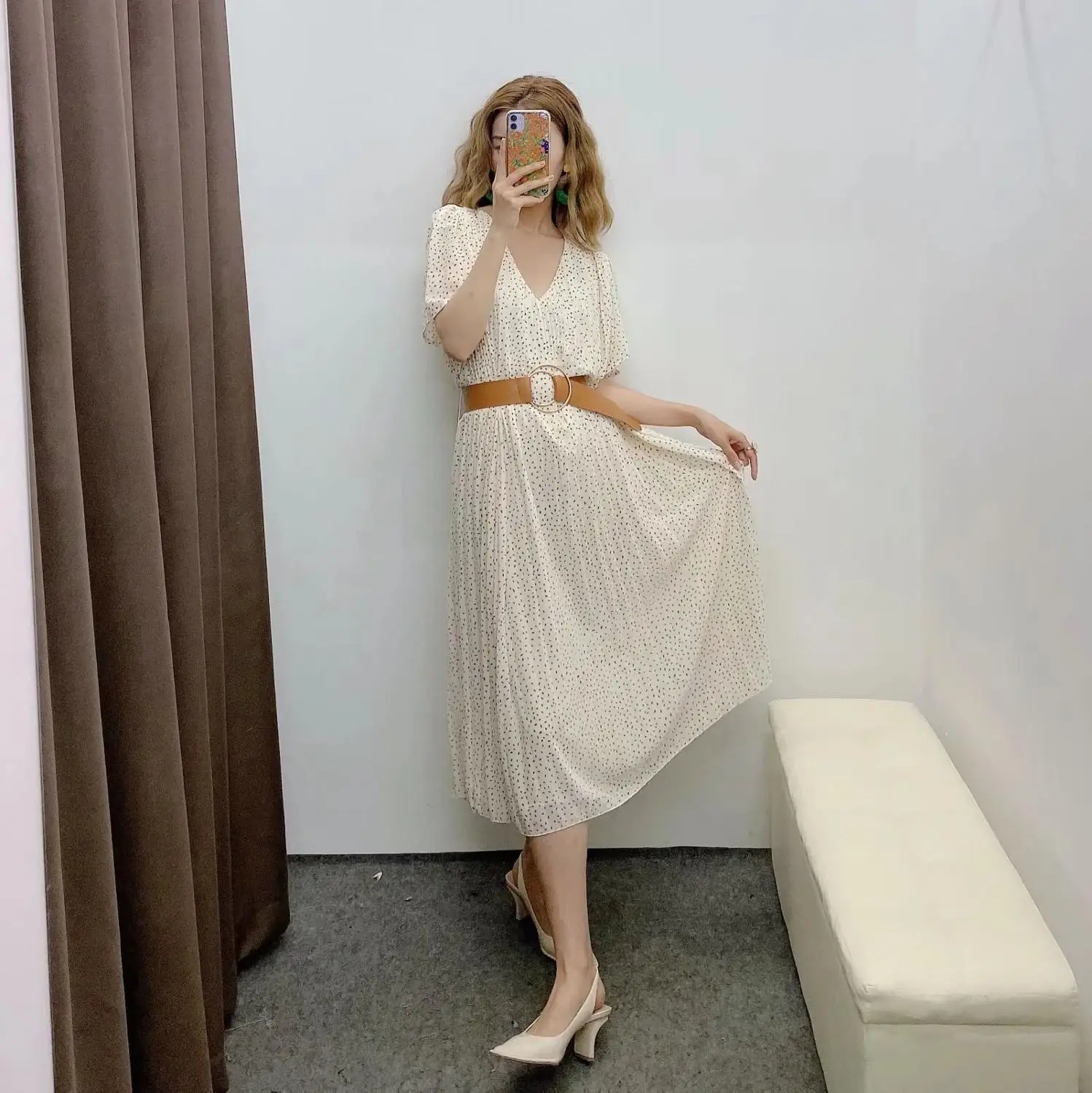 Женское шифоновое платье с поясом повседневное длинное плиссированное