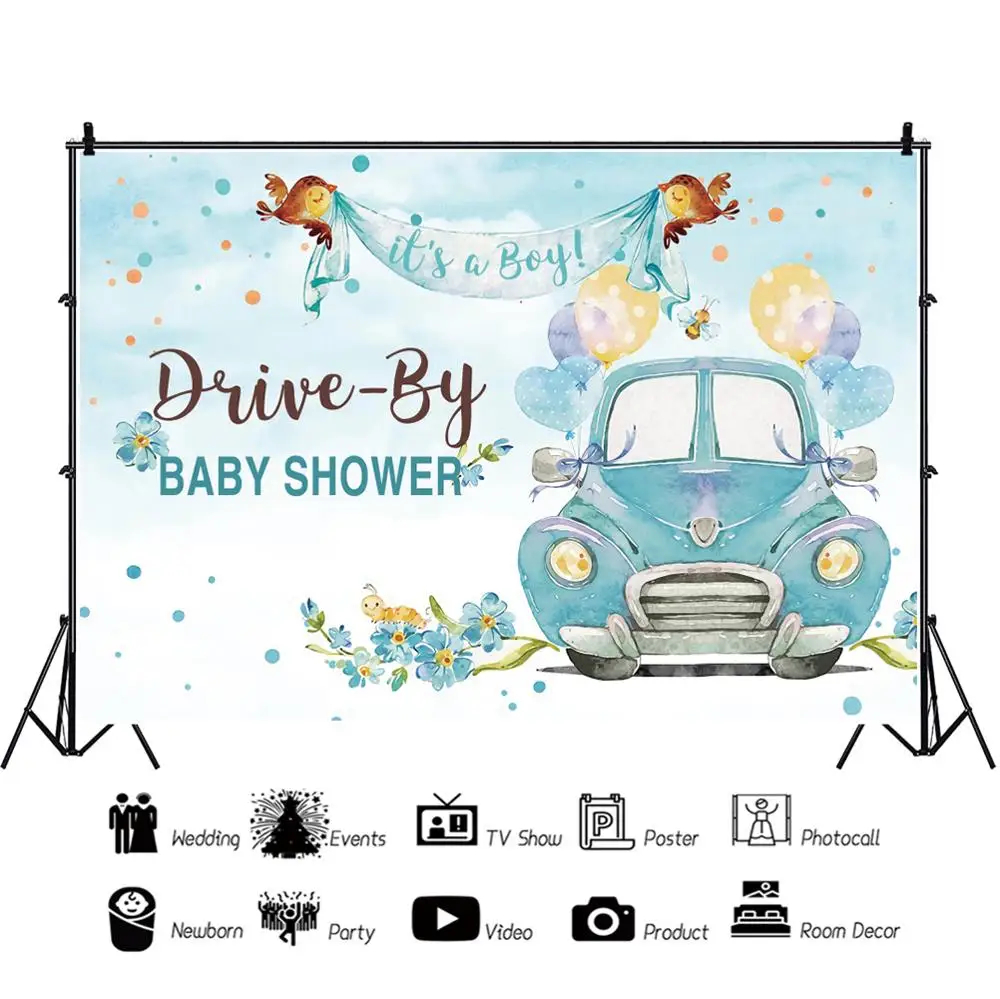 Drive-By Newborn Baby Shower Boy Car Bird Flower Balloon Custom Backdrop Vinyl Photography Backdrops Background Photophone Shoot |