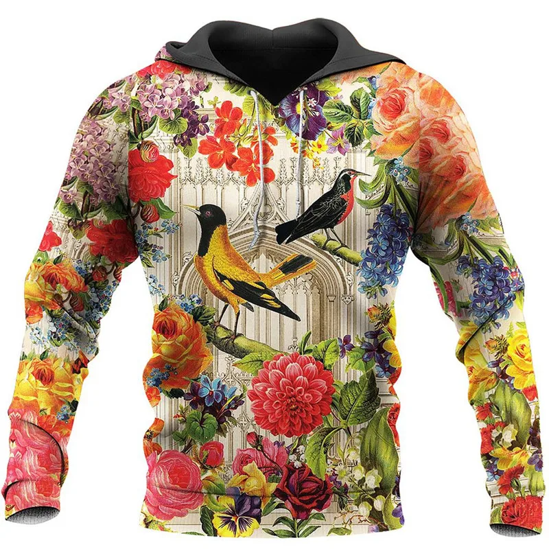 

New flower and bird hoodie with 3D pattern fashionable men's sweater autumn Harajuku jacket casual zipper