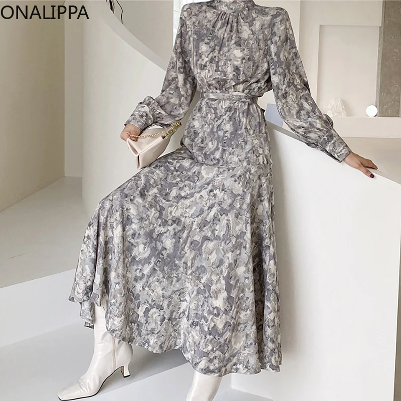 

Женское платье ONALIPPA в Корейском стиле ретро, элегантное платье с длинными рукавами и завязкой на талии во французском стиле на осень