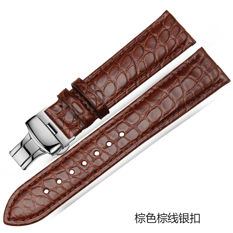 Brown Silver Whatch ремешок из кожи аллигатора с пряжкой-бабочкой для мужчин и женщин мягкий удобный водонепроницаемый низ черный коричневый 12 14 16 18 20 мм - Цвет ремешка: Brown Silver