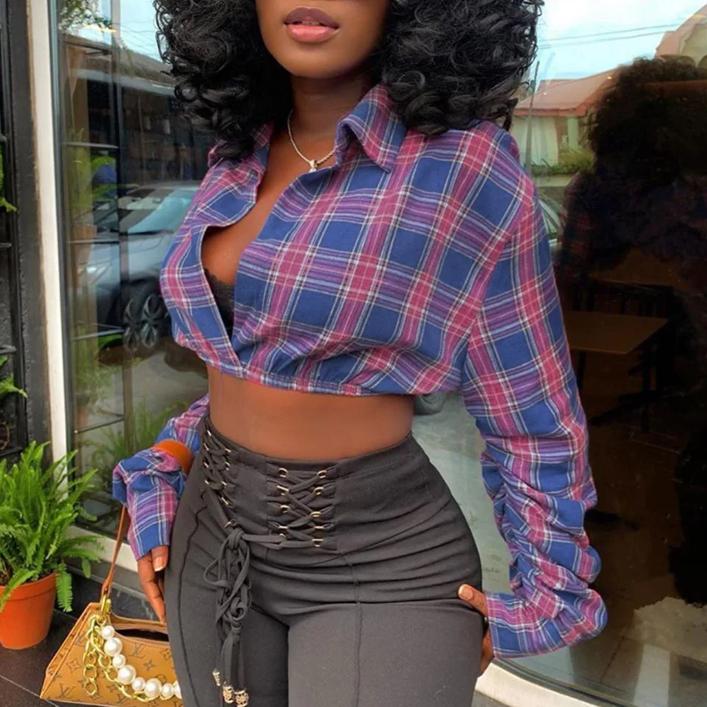 

Young Lady Plaid Cropped Shirt Top Pullover Women Spring Summer 2021 Streetwear Clothing Female Casual Sexy Checkered Shirts