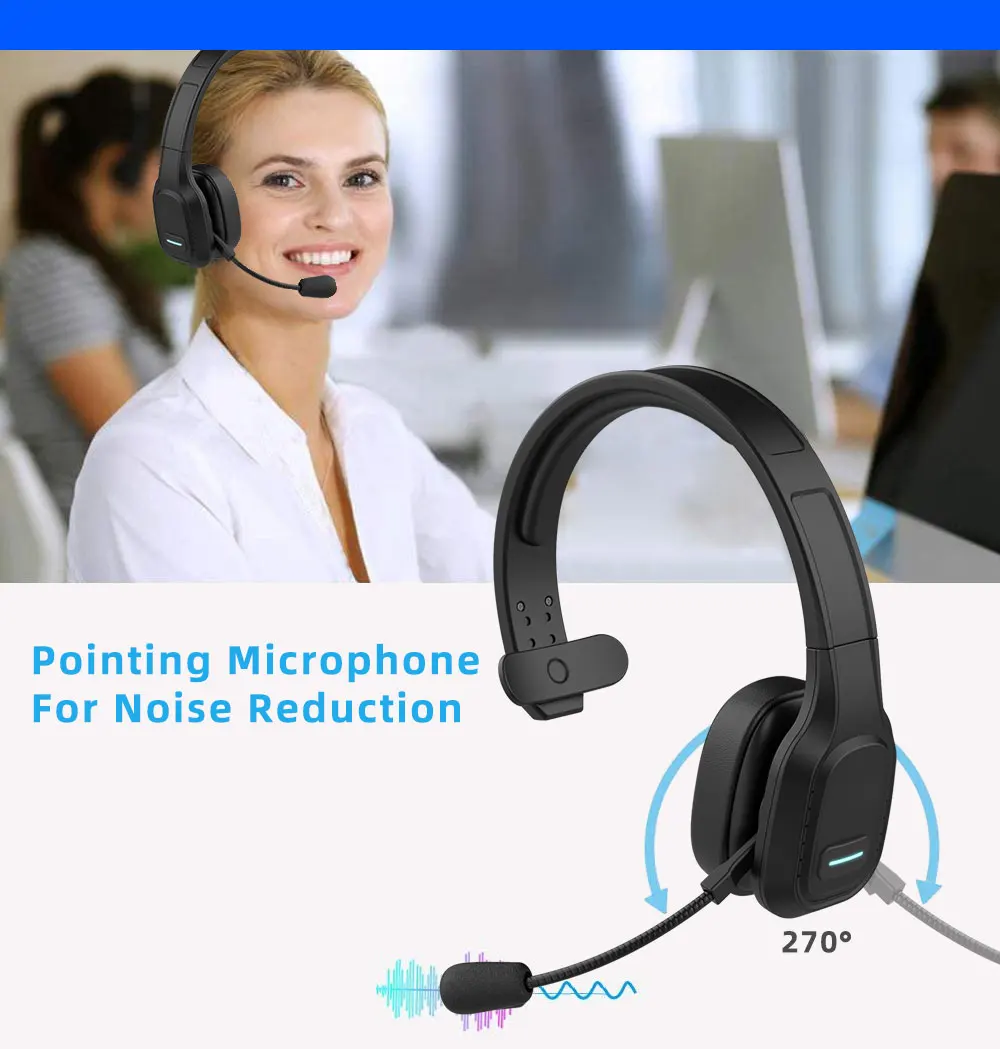 Broadcast Wireless Headset Bluetooth 5.0 Headphone with Mic Noise Cancelling HD Boom-Mounted Microphone for Call Center Gaming |