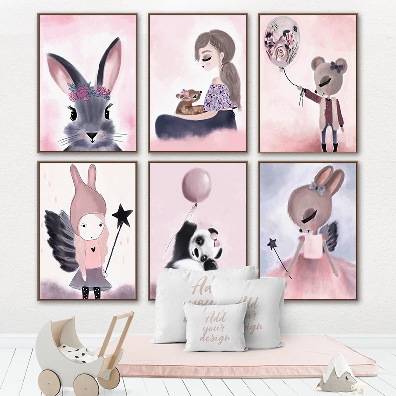 

Nordic Watercolor Cartoon Unicorn Deer Rabbit Girl Canvas Painting Flower Poster Swan Wall Pictures Kids Room Home Decoration