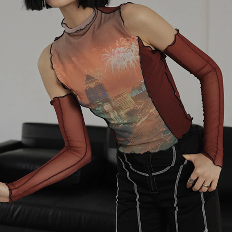 Сетчатая водолазка футболка с рисунком ночной сцены женские футболки открытыми