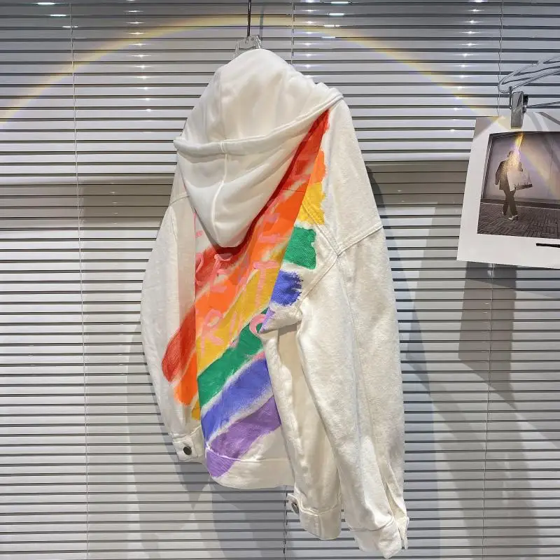 

2021 Spring New Back Rainbow Women Denim Jacket Hand Painted Graffiti Letter Coat Female Hooded Denim Jacket Fashion