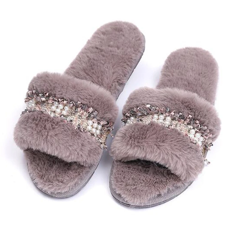 COVOYYAR 2021 На зимнем меху женские тапочки и жемчугом обувь на для женщин плоской