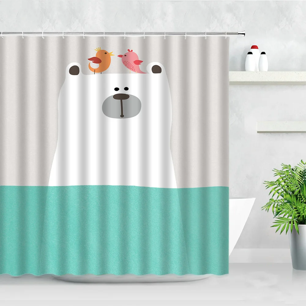 

Cartoon Animals Shower Curtains White Bear Birds Water Nordic Creative Children Bathroom Decor Gift With Hooks Bath Curtain Sets