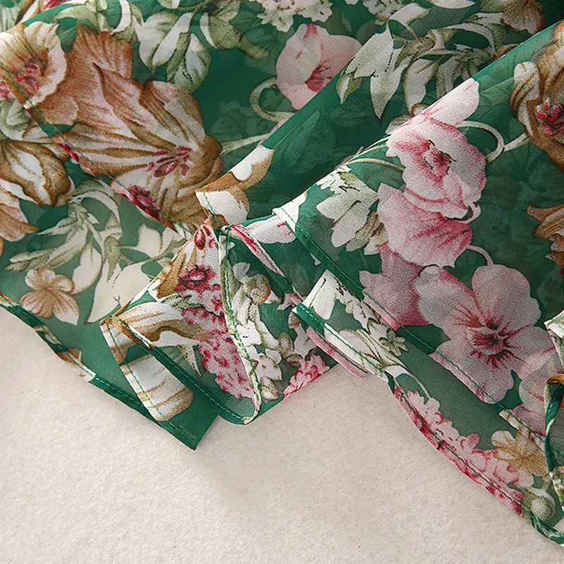 

2021 Summer New Women's Fashion Party Casual Vintage Elegant Chic V-Neck Elastic Waist Flower Print Chiffon Dress