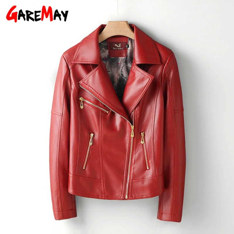 

2021 Spring Autumn Women's Faux Leather Jacket Moto Biker Zipper Asymmetric Red PU Imitation Leather Women Coat Oversize Winter