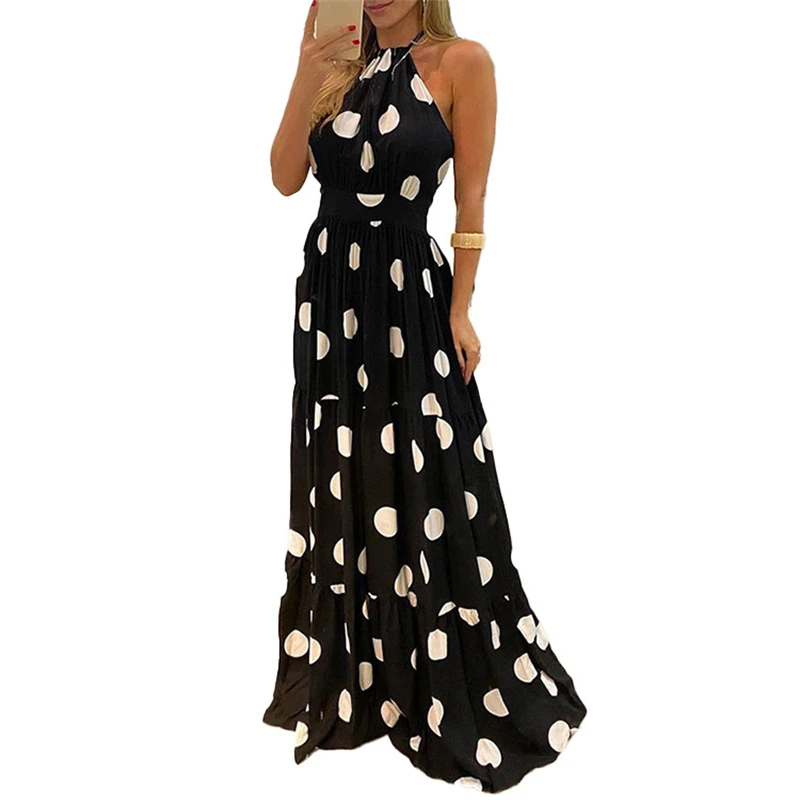 

Long Night Dress 2021 Summer Polka Dot Print Sexy Off Shoulder Halter High Waist Casual High Waist Robe Party Maxi Vestidos