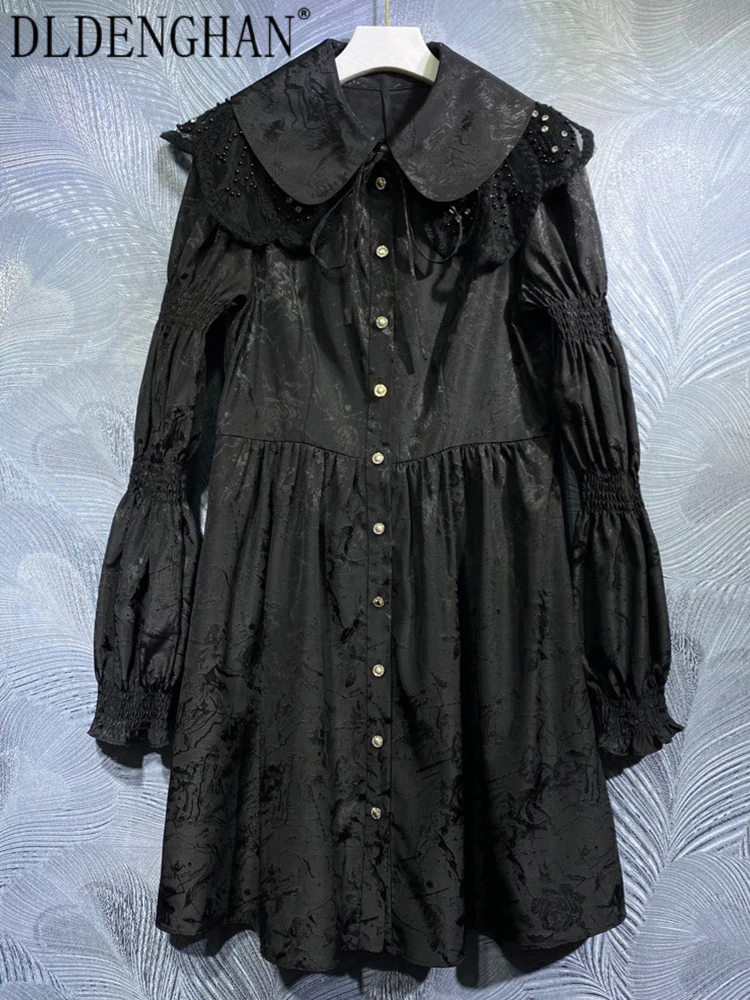 

DLDENGHAN Fashion Designer Summer Jacquard Dress Women Beading Turn-down Collar Puff Sleeve Single Breasted Vintage Dresses