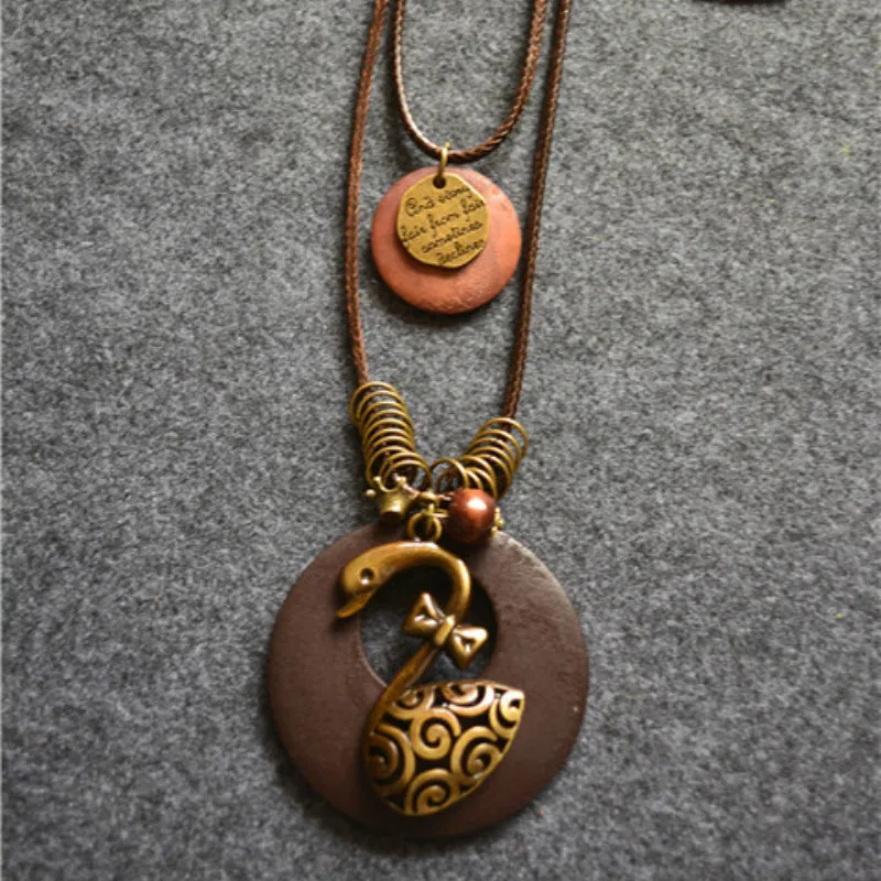  Retro Necklace Ethnic Style Female Literary Minimalist Double Wooden Letters Swan Fringed Long Sweater Chain | Украшения и