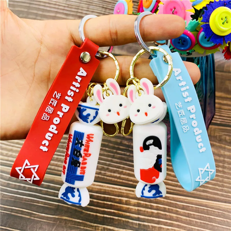 

Fashion Creative Big White Rabbit Toffee Keychain Pendant Cute Schoolbag Decoration Key Chains Cartoon Candy Shape Couple Gift