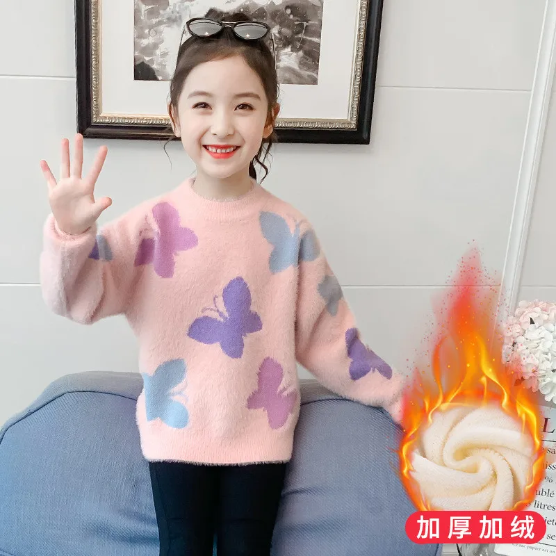 

Girls Sweater Kids Coat Outwear 2021 Butterfly Plus Velvet Thicken Warm Winter Autumn Tops Fleece Christmas Children's Clothing
