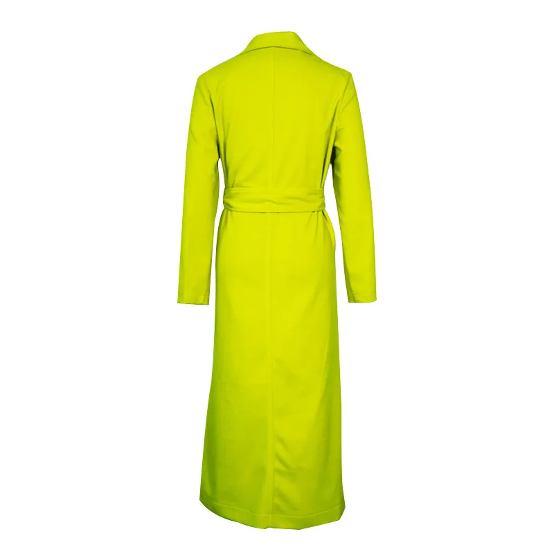 

2020 Autumn Winter Wool Long Coat For Women Jacket Fashion Silm With Belt Neon Green Ladies Chic Outwear