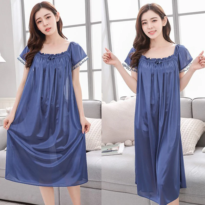 

Ice Silk Satin Nightdress Short Sleeve Sleepwear Nightgown Women Satin Sleeping Dresses Plus Size Nightwear