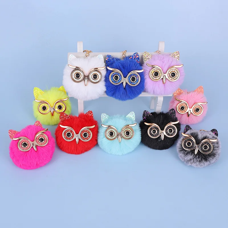 

1pcs Cute Cartoon Owl Fluffy Rabbit Fur Plush Ball Pendant Key Chain For Bag Car Trinket Animal Keychain Handbag Key Ring