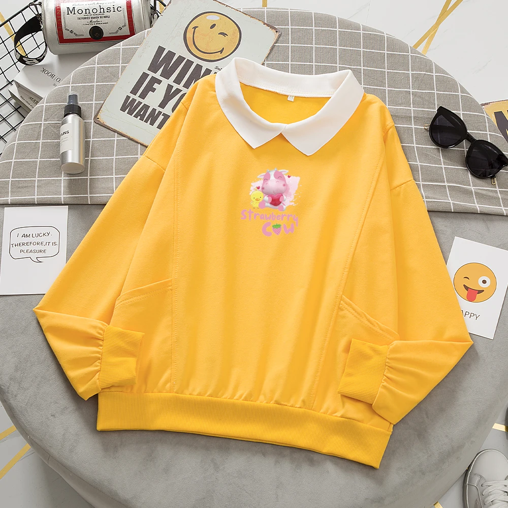 Harajuku Turn-down Collar Sweatshirts Cute Hoodies Kawaii Strawberry Cow Print Cotton Polo Shirt Women Sweetshirts Long Sleeve