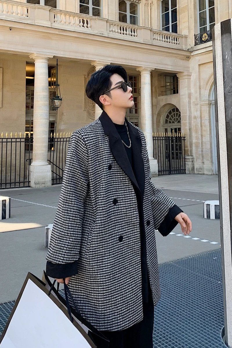 

Winter 2019 designer's bird-shaped loose vintage peacoat fashion men's suit collar tweed wool coat