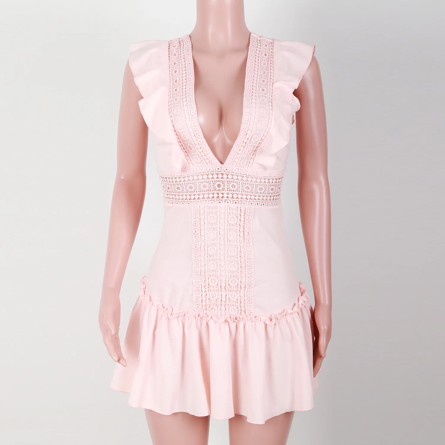 

WEPBEL Solid Color Ruffles Dress Women's Sexy Stitching Lace Dress Summer V-neck Backless Lace-up Hollow Out Pleated Dress