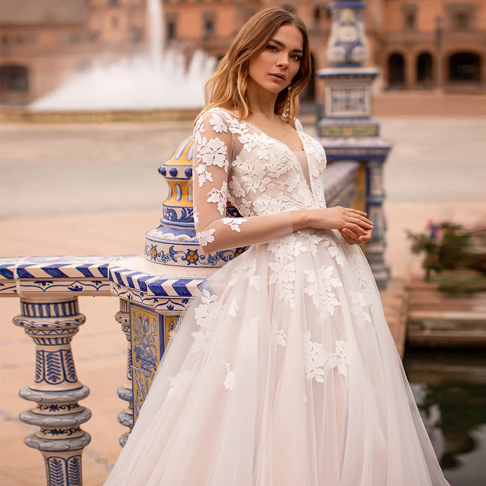 

Romantic Flower Wedding Dresses Long Sleeves V Neck Drapped Tulle A Line Sweep Train Vestido De Noiva Bridal Gown