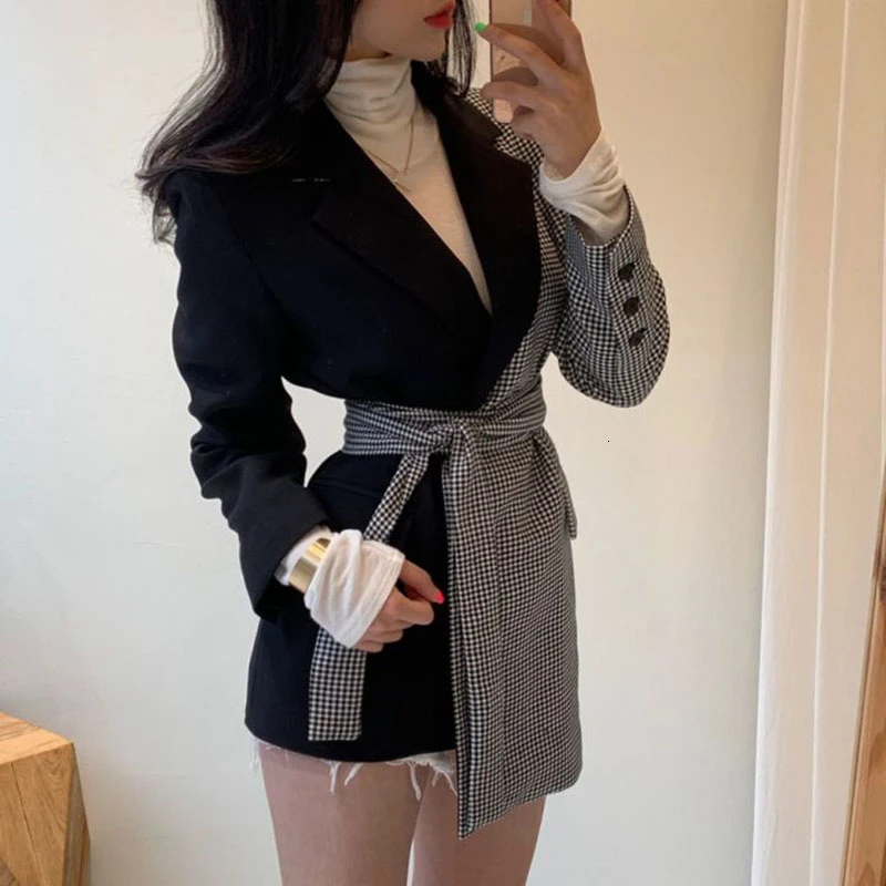 2021 Spring Women Coat Blazer Office Lady Autumn With Belt Contrast Plaid Korea Tide Slim Vintage Female XZ08 |